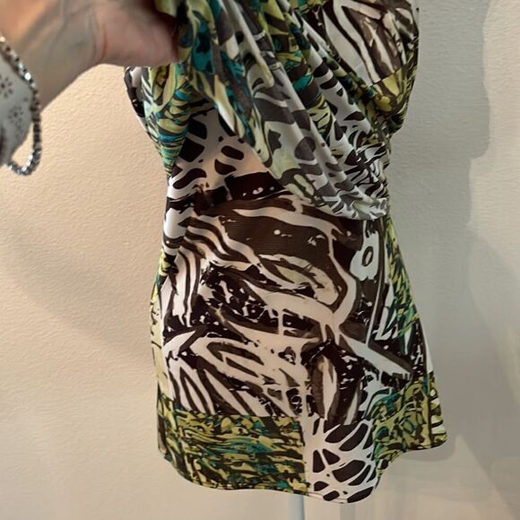 Cache unique szM green brown print with large plastic chain sleeveless top EUC - Picture 5 of 15